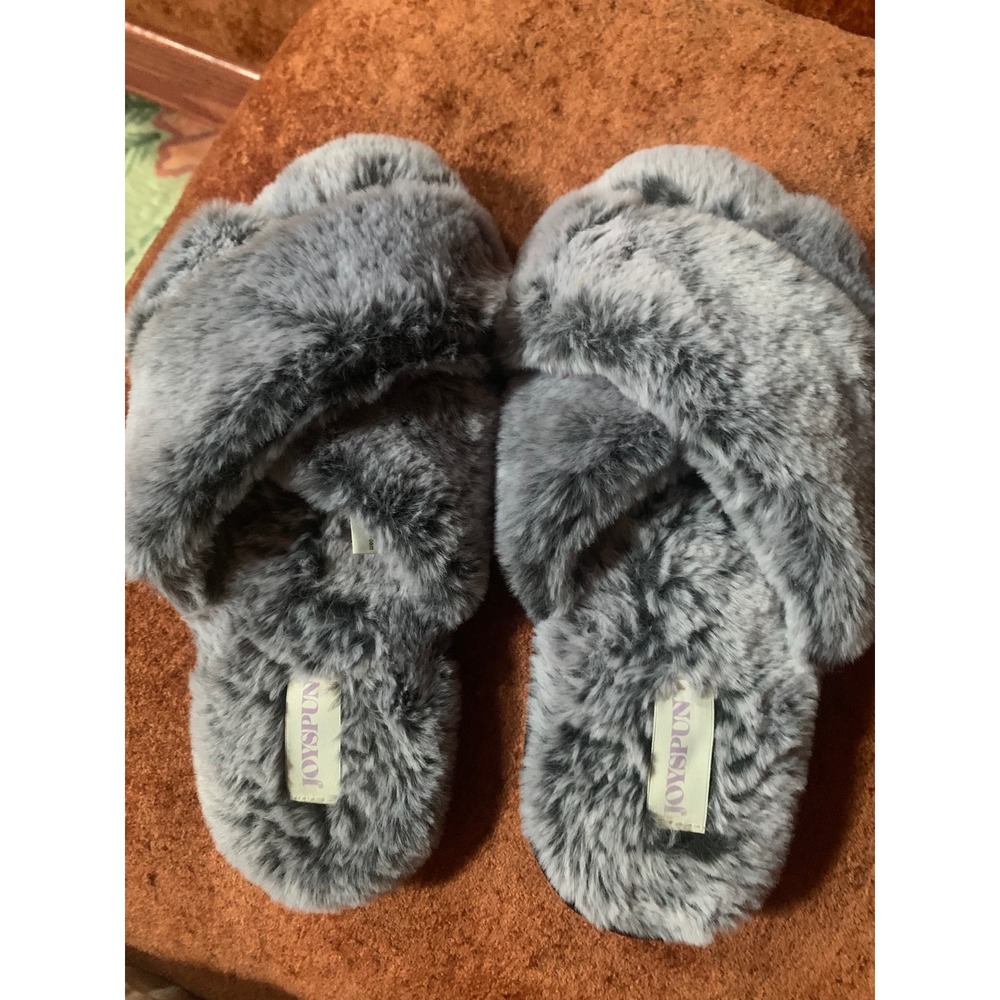 Joyspun Womens Grey Faux Fur Crisscross Slide Slippers House Shoes Size 10